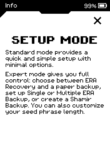 Setup mode info screen describing Standard and Expert modes.
