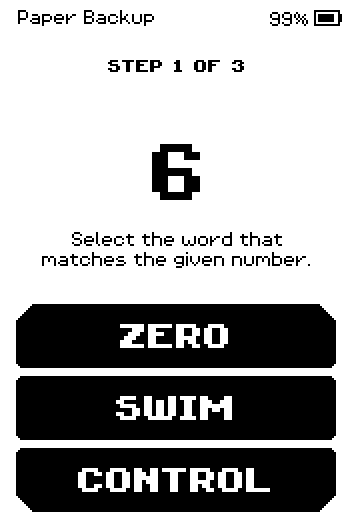 Step 1 of 3 asking for word number 6, with three word buttons to choose from.