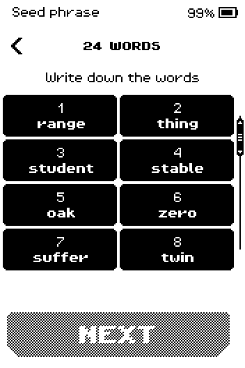 24 words screen showing words 1 to 8 in numbered boxes.