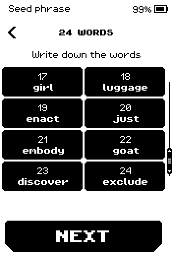 24 words screen showing words 17 to 24 and an active Next button.
