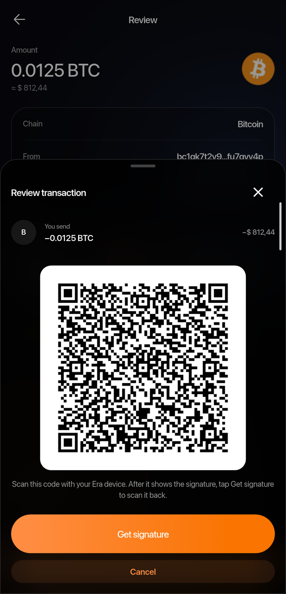 The same sheet with the animated QR code in place of the tap panel, and a Get signature button.