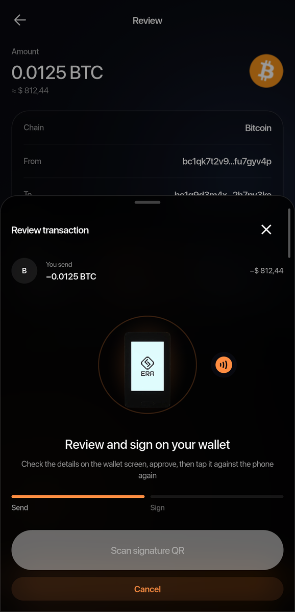 The sheet showing "Review and sign on your wallet - Check the details on the wallet screen, approve, then tap it against the phone again", with Scan signature QR and Cancel below.