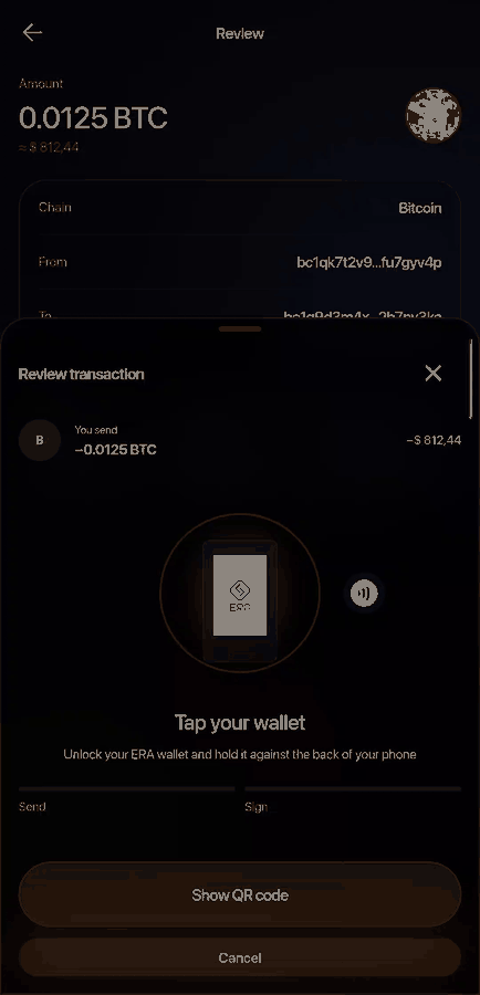 The sign sheet moving through Tap your wallet, Sending, Sent to wallet, Review and sign on your wallet, Receiving signature and Signed, over the review screen.