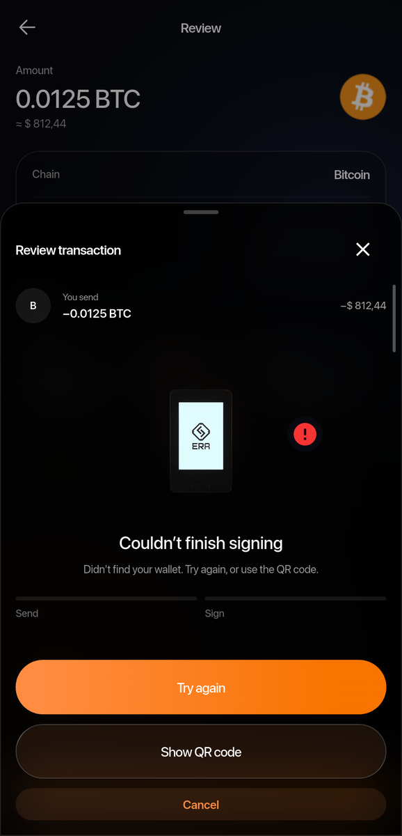 The sheet showing "Still waiting for your wallet" with Try again and Scan signature QR buttons.
