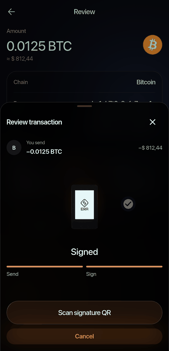 The sheet showing "Signed" with both halves of the Send / Sign bar filled, then the status sheet with a green tick, "Sent - Transaction submitted successfully" and a Done button.