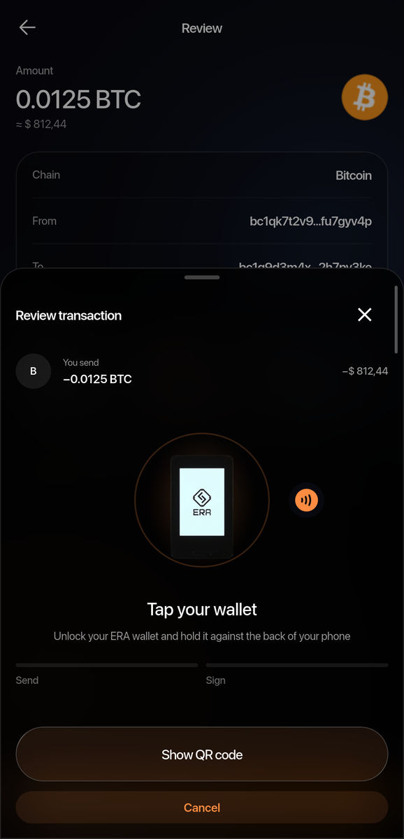 Review transaction sheet over the send review screen: You send -0.0125 BTC, the ERA device graphic, "Tap your wallet - Unlock your ERA wallet and hold it against the back of your phone", the Send / Sign step bar, and the Show QR code and Cancel buttons.