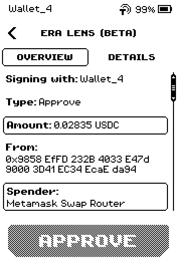 Overview page 1: Type Approve, Amount 0.02835 USDC, From, Spender Metamask Swap Router.
