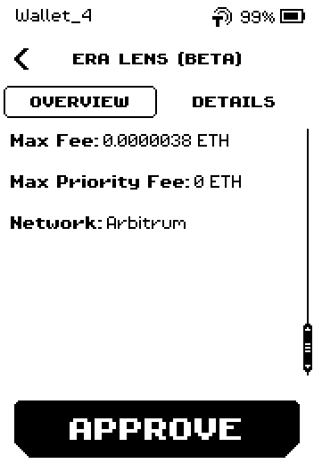 Overview page 2 of the approval: Max Fee, Max Priority Fee, Network.