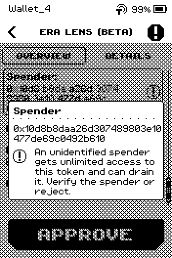 Note panel over the review: Spender, the full address, and the sentence "An unidentified spender gets unlimited access to this token and can drain it. Verify the spender or reject."