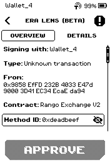 Review: Type Unknown transaction, Contract Rango Exchange V2, and a boxed Method ID 0xdeadbeef with the crossed-out eye badge.