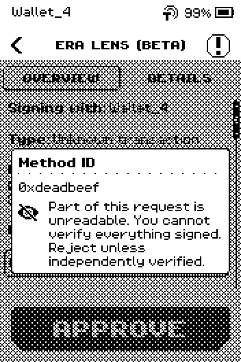 Panel: Method ID, 0xdeadbeef, and the sentence "Part of this request is unreadable. You cannot verify everything signed. Reject unless independently verified."