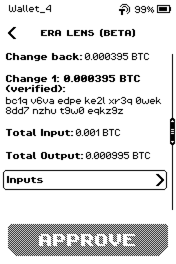 Review page 2: change back 0.000395 BTC, change address verified, totals
