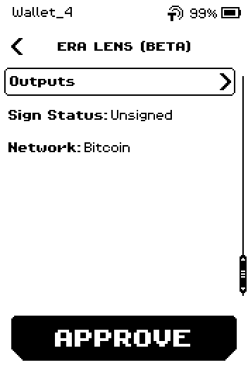 Last review page: Outputs row, Sign Status Unsigned, Network Bitcoin, APPROVE active