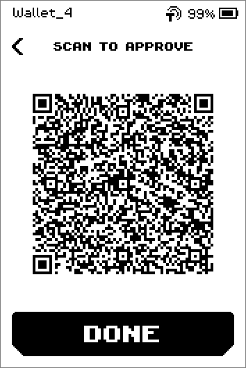 Animated signed-PSBT QR code on the SCAN TO APPROVE page