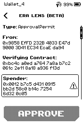 EIP-712 review page 1: ApprovalPermit, from, verifying contract, spender with warning