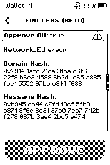 EIP-712 review page 2: Approve All true, network, domain hash, message hash