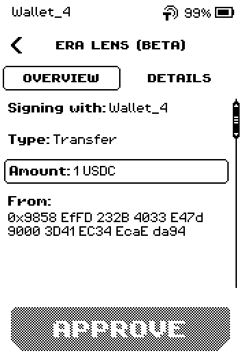 Overview page 1: Type Transfer, Amount 1 USDC, From.