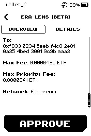 Overview page 2: To, Max Fee, Max Priority Fee, Network.