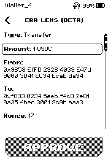 Review page 1: Transfer, 1 USDC, from, to, nonce 17