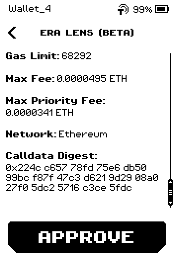 Review page 2: gas limit 68292, max fee 0.0000495 ETH, network, calldata digest