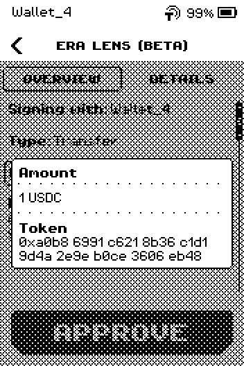 Panel over the review: Amount 1 USDC, Token 0xa0b8 6991 c621 8b36 c1d1 9d4a 2e9e b0ce 3606 eb48.