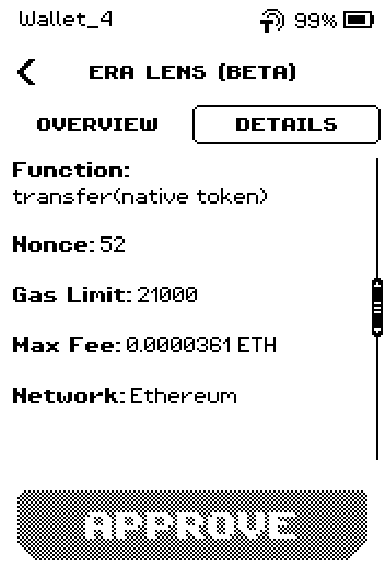 The same review in DETAILS: Function transfer(native token), Nonce 52, Gas Limit 21000, Max Fee, Network.