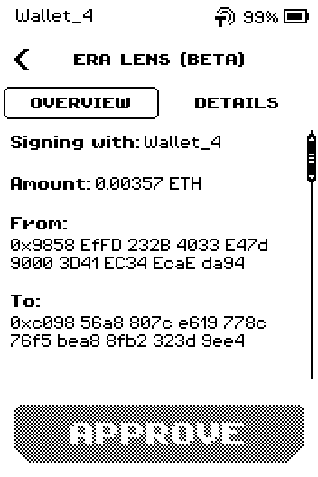 ERA LENS review in OVERVIEW: Signing with Wallet_4, Amount 0.00357 ETH, From and To.