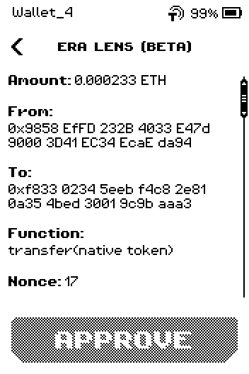 Review page 1: 0.000233 ETH, from, to, transfer(native token), nonce 17