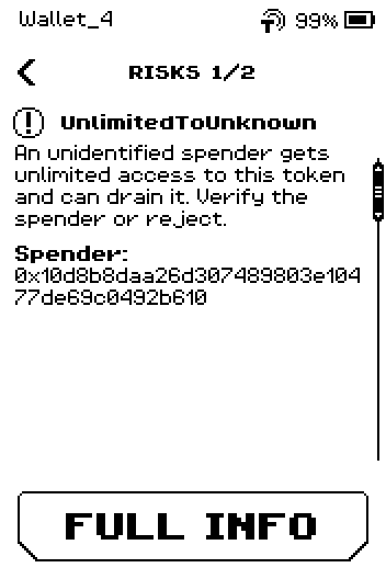 Findings layer: header RISKS 1/2, the danger disc beside UnlimitedToUnknown, its sentence, the Spender row it belongs to, and the FULL INFO button.