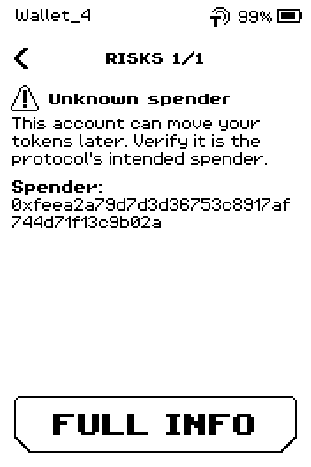 Findings layer on a swap: header RISKS 1/1, the warning triangle beside Unknown spender, its sentence and the Spender row.