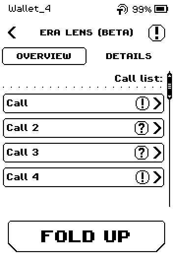 Call list where the steps carry different marks: Call with a danger disc, Call 2 and Call 3 with information marks, Call 4 with a danger disc.