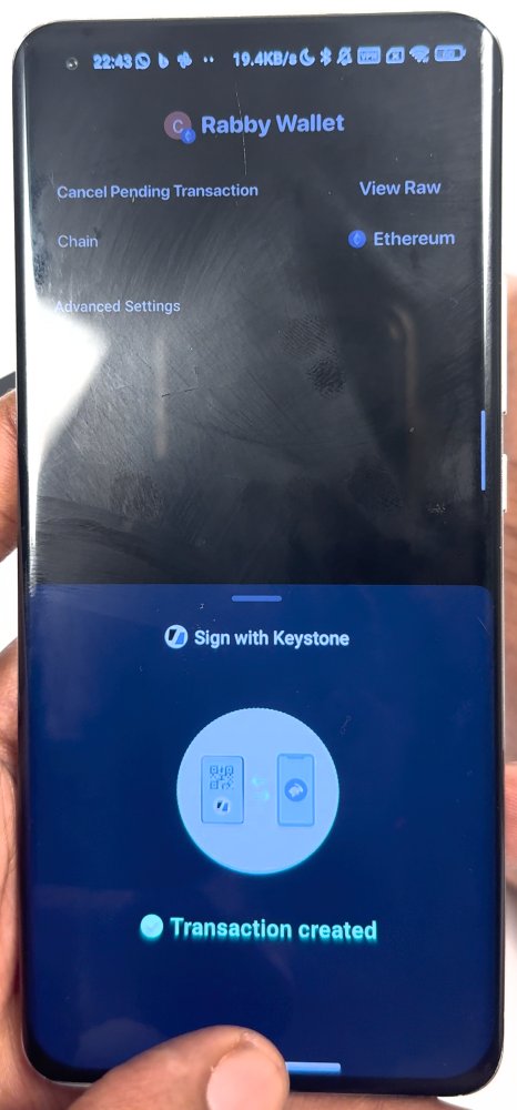 Rabby Sign with Keystone sheet reporting Transaction created.