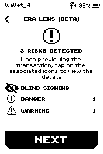 Risk list: 3 RISKS DETECTED, a BLIND SIGNING row with the crossed-out eye and no count, then DANGER 1 and WARNING 1.