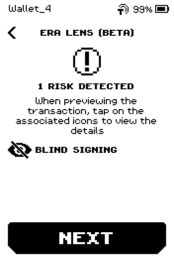 Risk list: 1 RISK DETECTED and a BLIND SIGNING row alone.