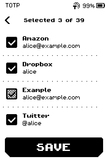 Import list headed Selected 3 of 39 with Amazon, Dropbox, Twitter ticked and Example shaded as already added
