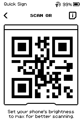SCAN QR page with a plain text QR code visible in the camera frame