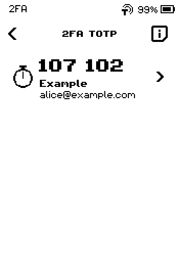 2FA TOTP list with one account, code 107 102, countdown ring and Example alice@example.com