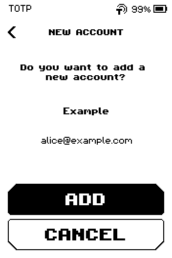 NEW ACCOUNT page asking Do you want to add a new account? with Example and alice@example.com, ADD and CANCEL