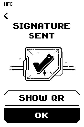 SIGNATURE SENT page with the success graphic, SHOW QR and OK buttons