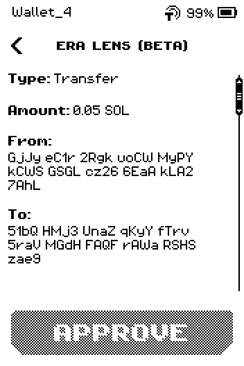 Solana review page 1: Transfer, 0.05 SOL, from, to