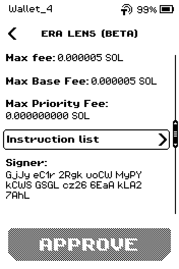 Solana review page 2: max fee, base and priority fee, Instruction list row, Signer