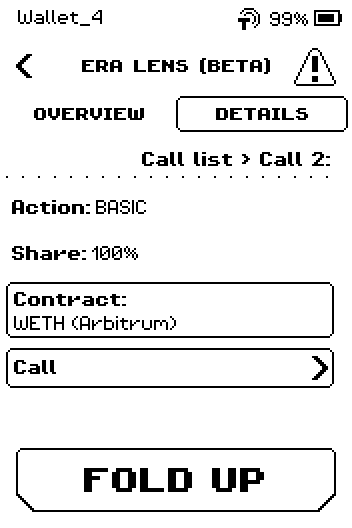 Call list > Call 2: Action BASIC, Share 100%, Contract WETH (Arbitrum), and a nested Call row.