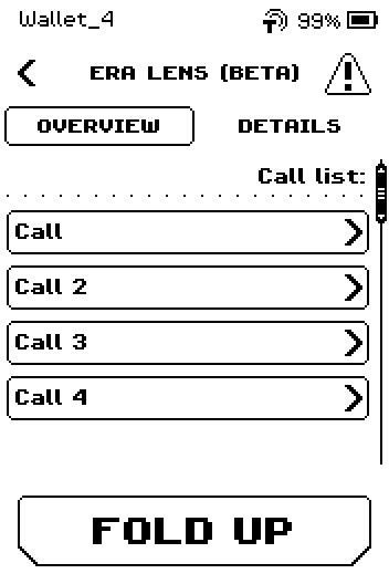 Call list opened: rows Call, Call 2, Call 3, Call 4, and a FOLD UP button.
