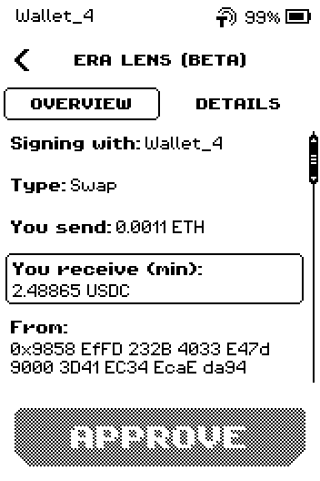 Swap review, Overview page 1: Type Swap, You send 0.0011 ETH, You receive (min) 2.48865 USDC, From.