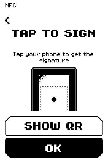 TAP TO SIGN page: status bar NFC, the message Tap your phone to get the signature, a phone-tap animation, SHOW QR and OK buttons