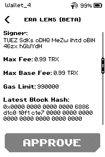 TRON review page 2: signer, max fee 0.99 TRX, gas limit, latest block hash
