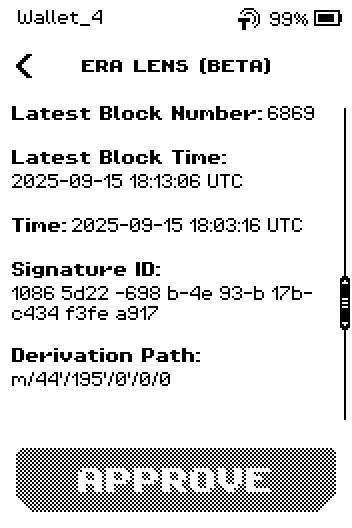 TRON review page 3: block number, time, signature ID, derivation path