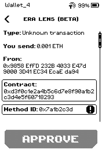 Blind-sign review: Unknown transaction, You send 0.001 ETH, Contract, Method ID with badge