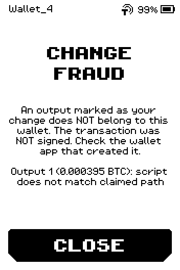 CHANGE FRAUD page: output 1 script does not match claimed path, CLOSE