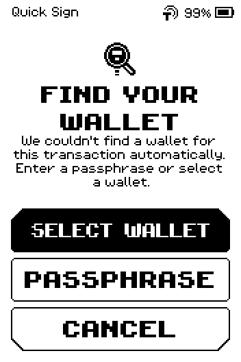 FIND YOUR WALLET page with SELECT WALLET, PASSPHRASE and CANCEL